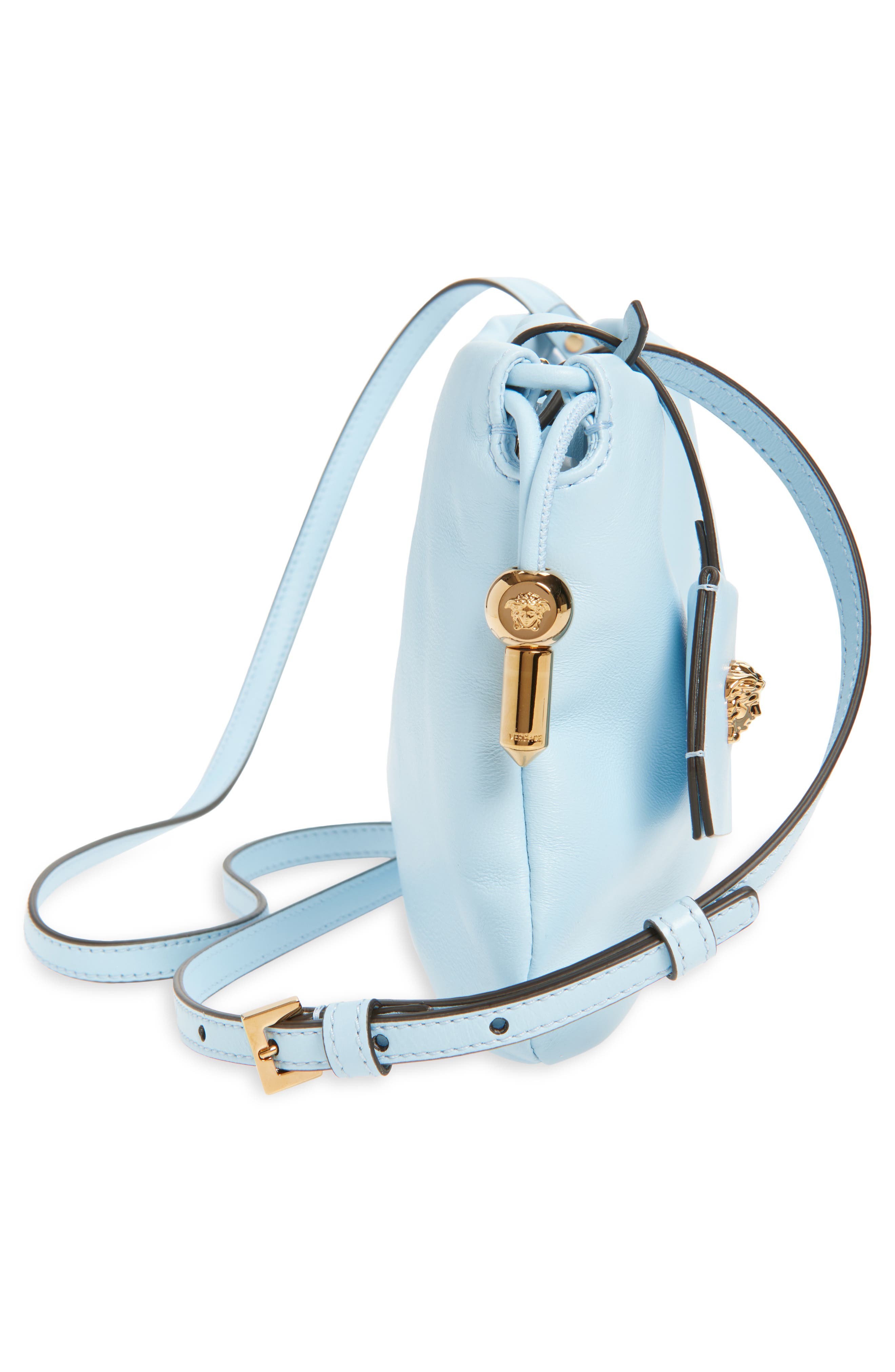 Versace Mini Logo Leather Handbag, Alternate, color, Pastel Blue Gold