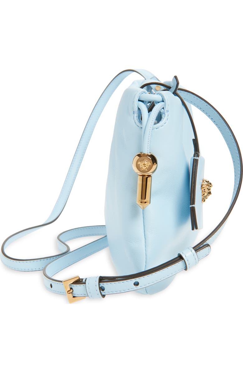 Versace Mini Logo Leather Handbag, Alternate, color, Pastel Blue Gold
