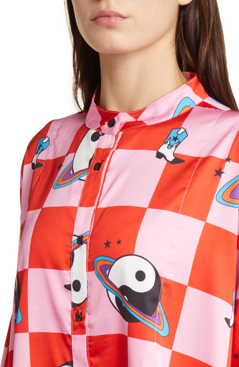 Dressed in Lala Oversize Button-Up Satin Shirt & High Waist Pants Set, Alternate, color,