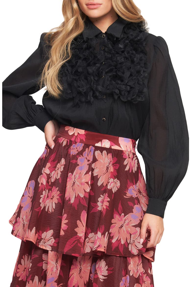 Floral Appliqué Button-Up Shirt, Main, color, BLACK
