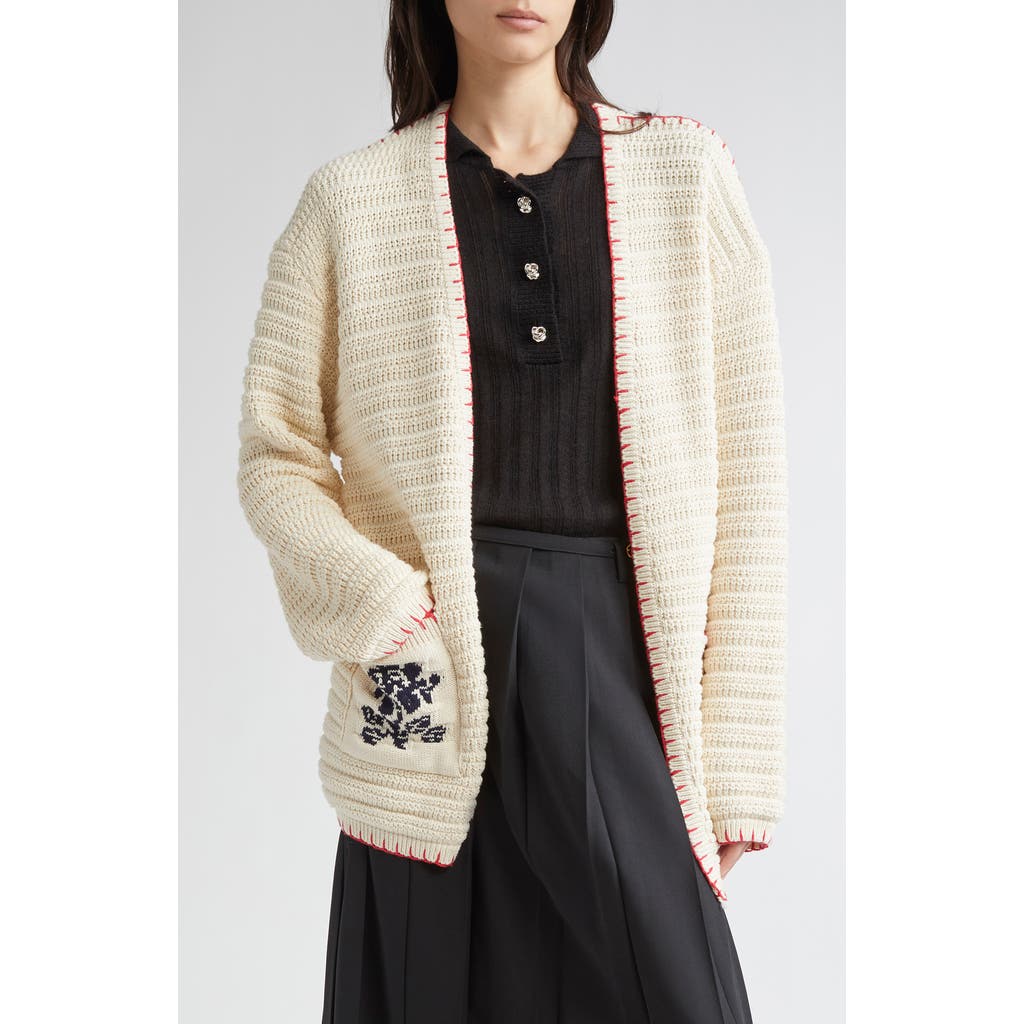 Eenk Floral Jacquard Cotton & Wool Cardigan In White
