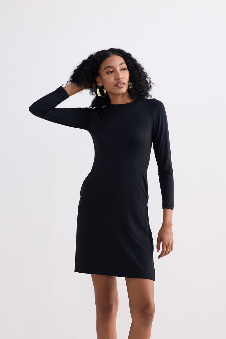 Long Sleeves Fitted Short Dress in Black, Alternate, color, Black