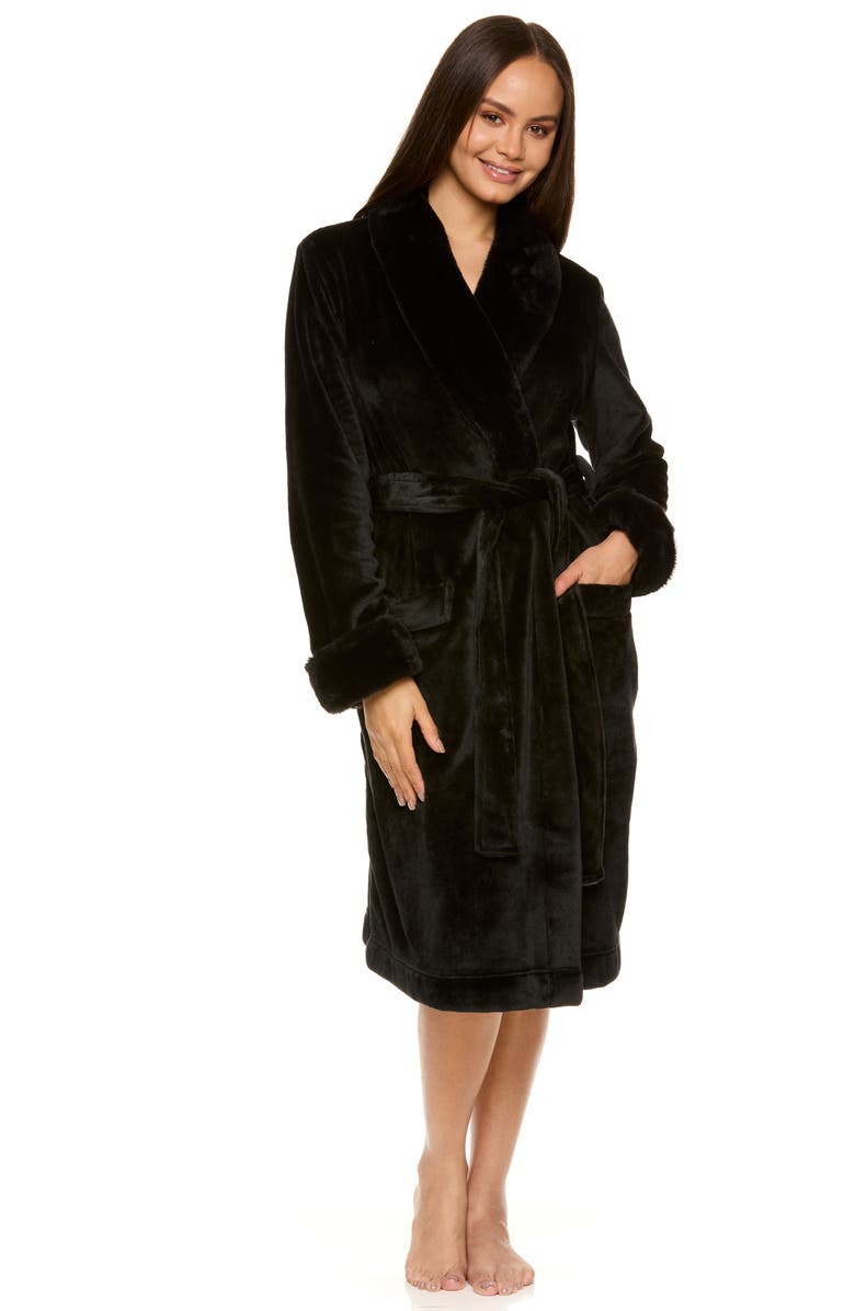 Tahari Plush Velour Robe with Faux Fur Trim, Alternate, color, Black