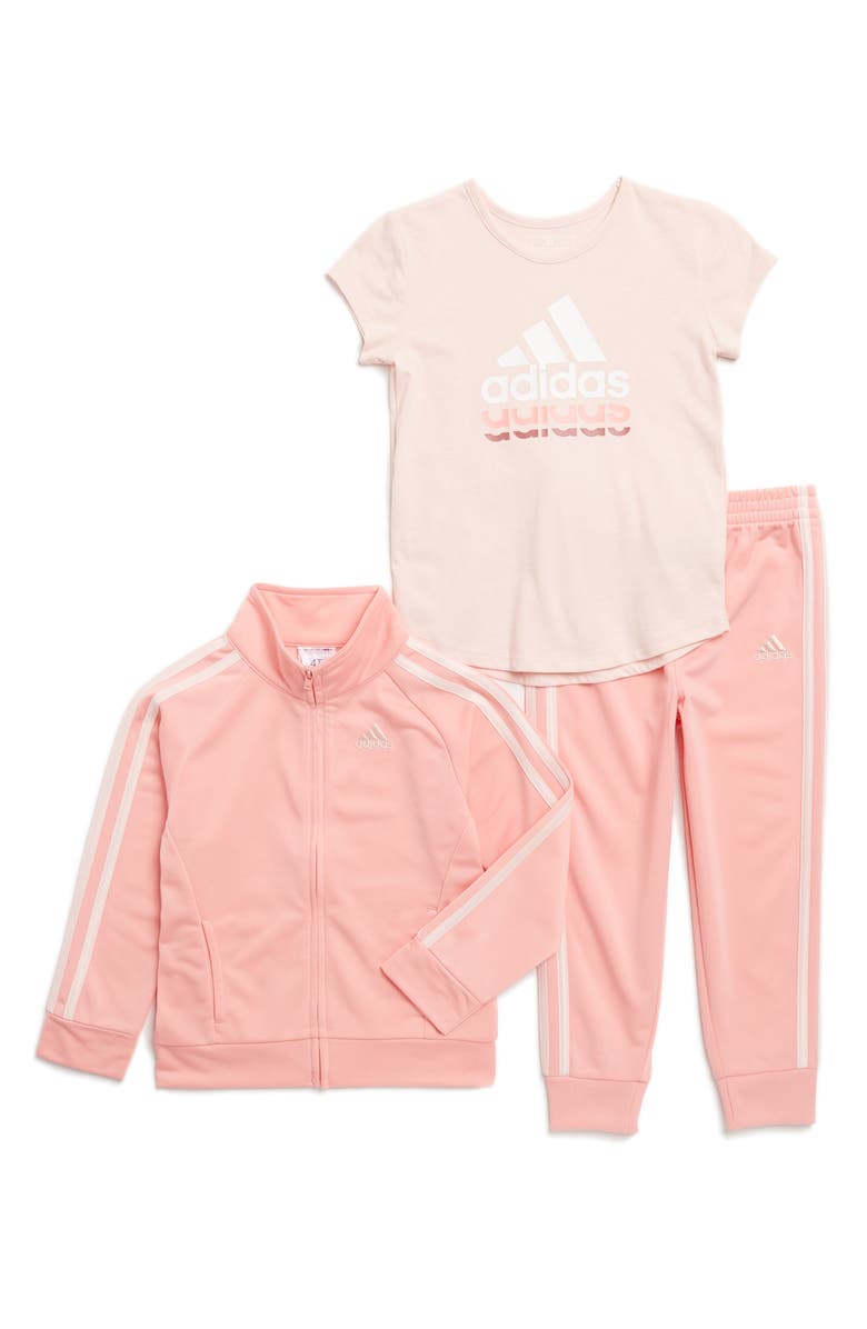 adidas Kids' 3-Stripes Tricot Track Jacket, T-Shirt & Pants Set, Main, color, Semi Pink/ Sandy Pink