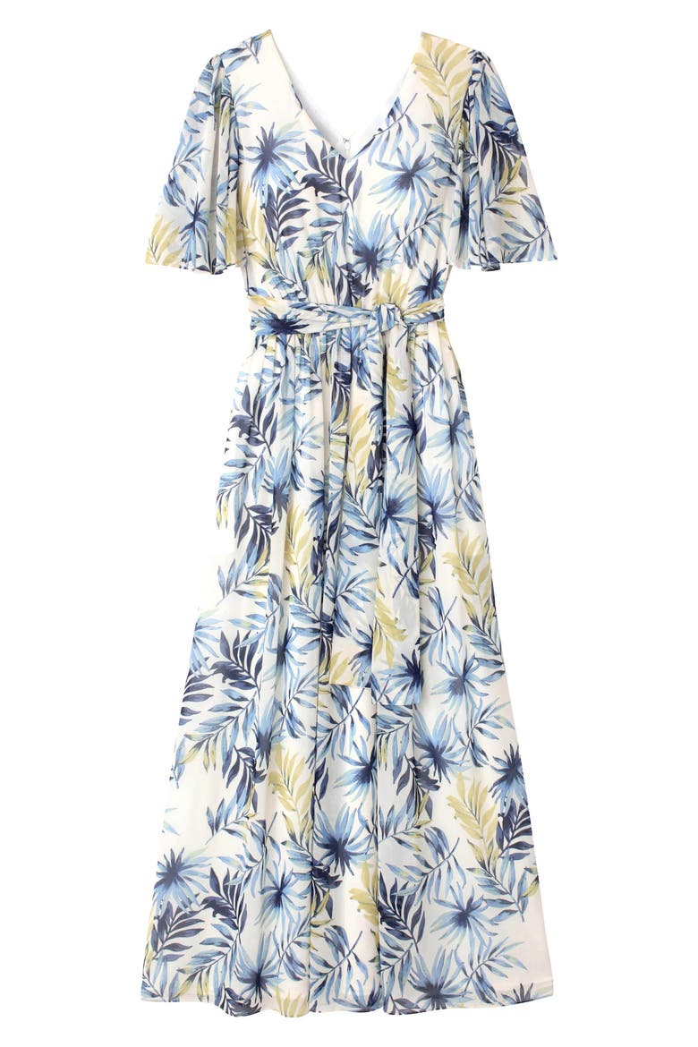 Kiki Leaf Print Chiffon Maxi Dress, Alternate, color, BLUE/ GOLD