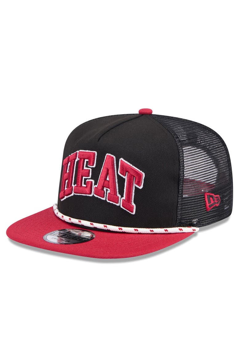 Men's New Era Black/Red Miami Heat Throwback Team Arch Golfer Snapback Hat, Alternate, color, Black