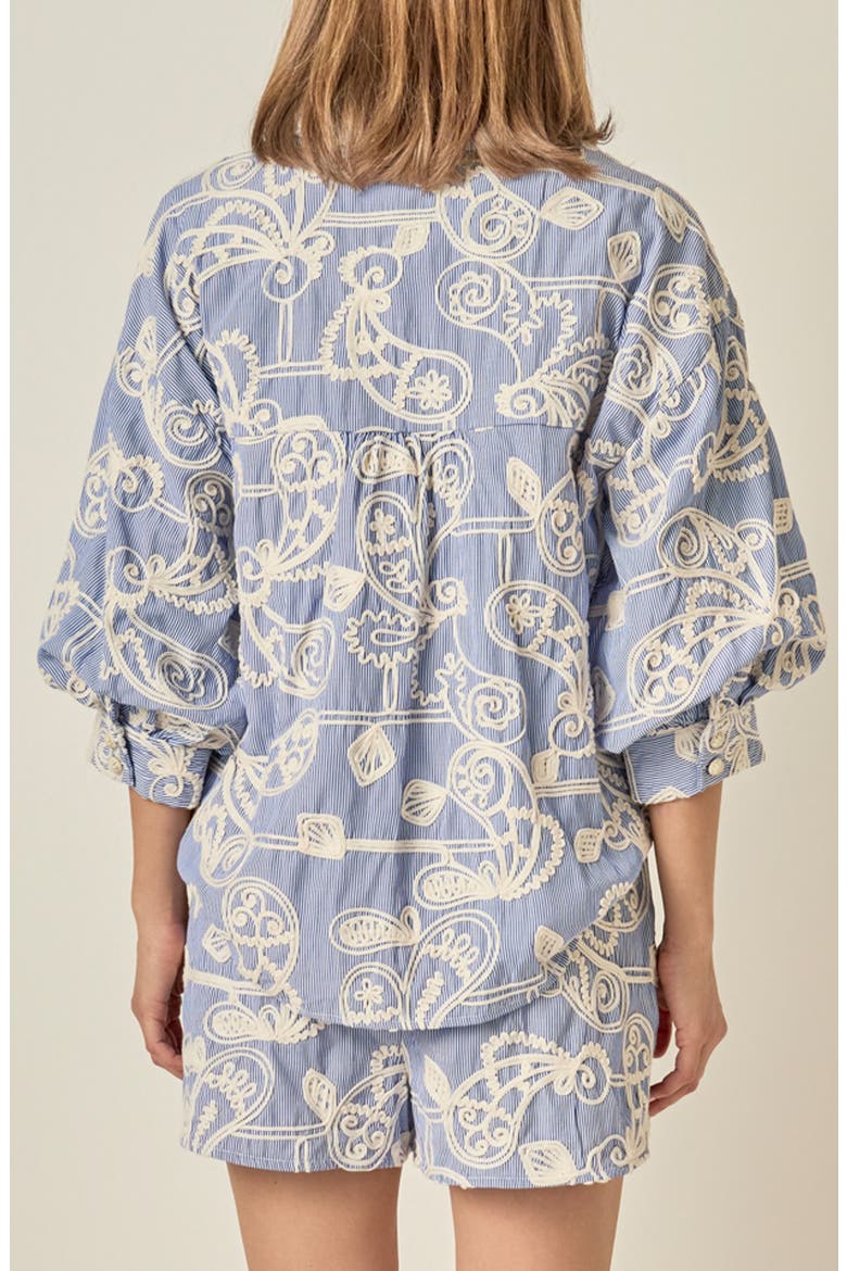 Embroidered Volume Sleeve Shirt, Alternate, color, BLUE/ CREAM