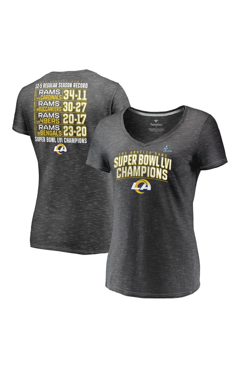 FANATICS Women's Fanatics Branded Heathered Charcoal Los Angeles Rams Super Bowl LVI Champions Schedule V-Neck T-Shirt, Main, color, 