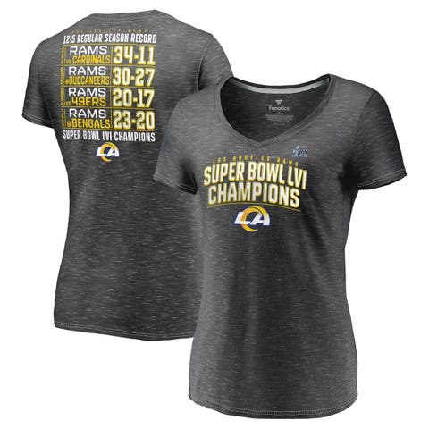 Women's Fanatics Branded Heathered Charcoal Los Angeles Rams Super Bowl LVI Champions Schedule V-Neck T-Shirt