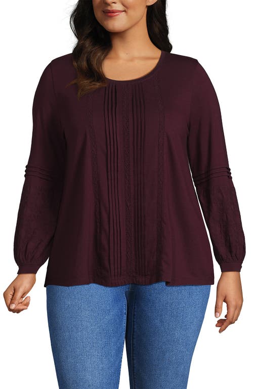 Lands' End Plus Size Lightweight Jersey Lace Mix Long Sleeve Pintuck Top In Burgundy