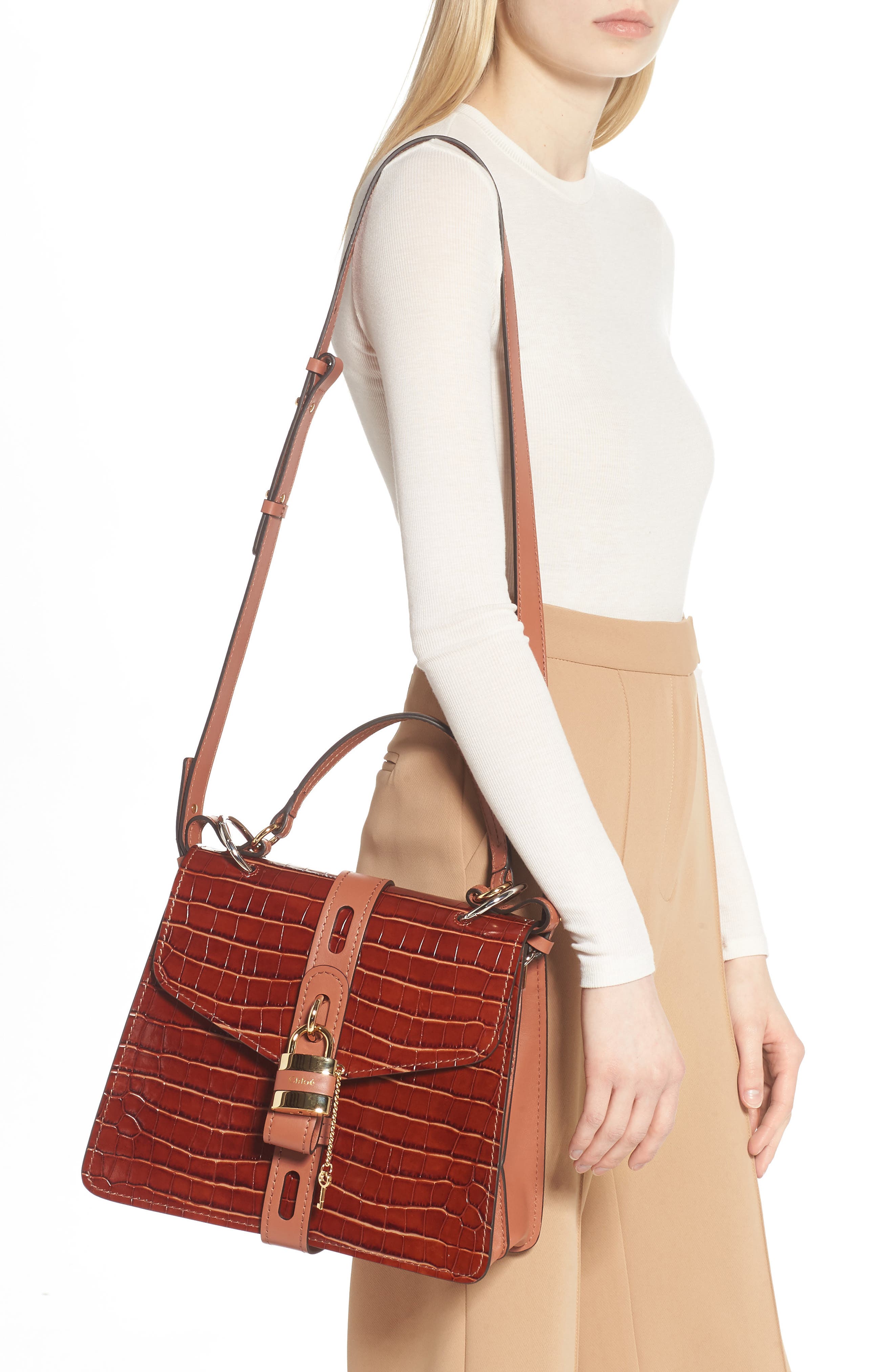 Medium Aby Croc Embossed Calfskin Shoulder Bag, Alternate, color, CHESTNUT BROWN