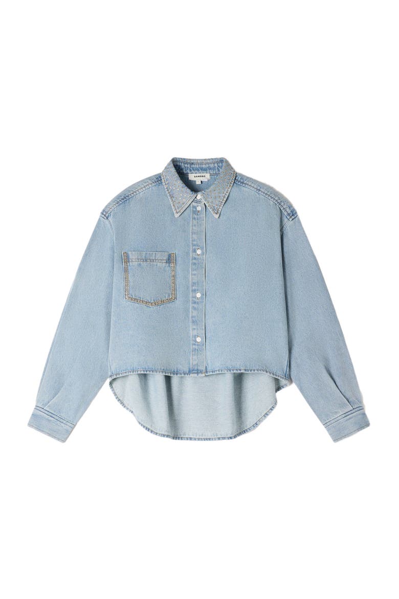 Rhinestone cropped denim shirt, Alternate, color, Light bu jean