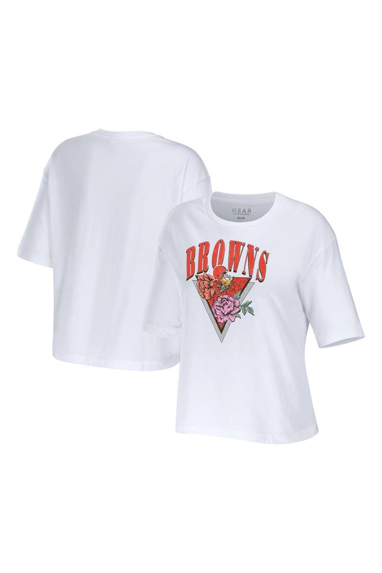 Women's WEAR by Erin Andrews White Cleveland Browns Boxy Floral Cropped T-Shirt, Main, color, White