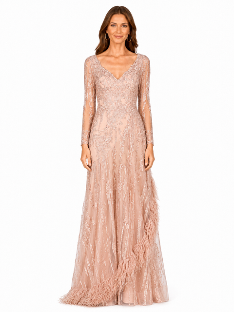 Long Sleeve V-Neck Lace Gown with Feathers