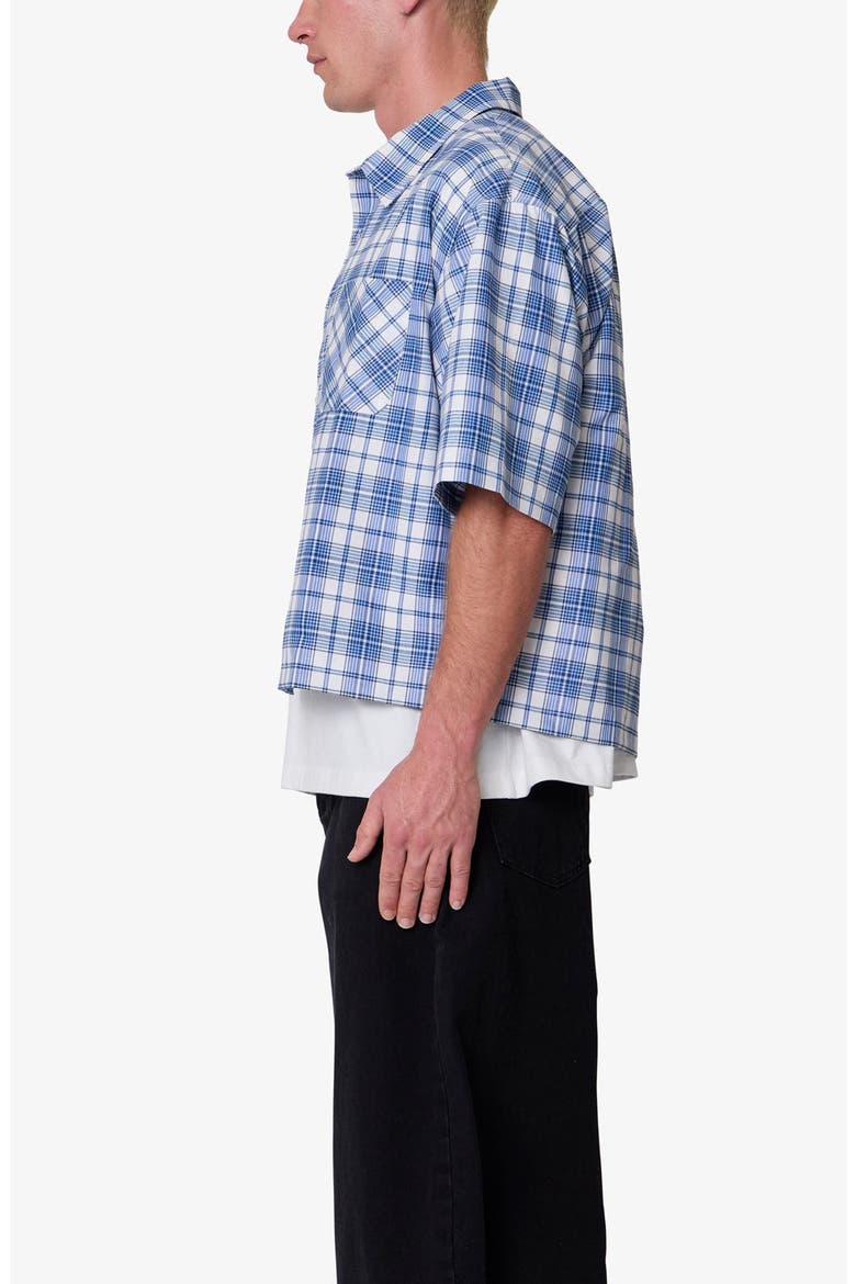 Plaid Crop Short Sleeve Cotton Flannel Button-Up Shirt, Alternate, color, BLUE
