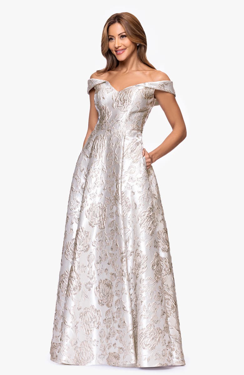 Xscape Evenings Floral Brocade Off the Shoulder Ball Gown, Alternate, color, Taupe/ Silver