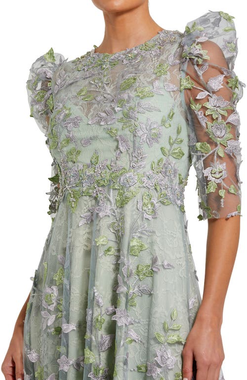 Mac Duggal Applique High Neck Puff Sleeve A Line Dress In Sage
