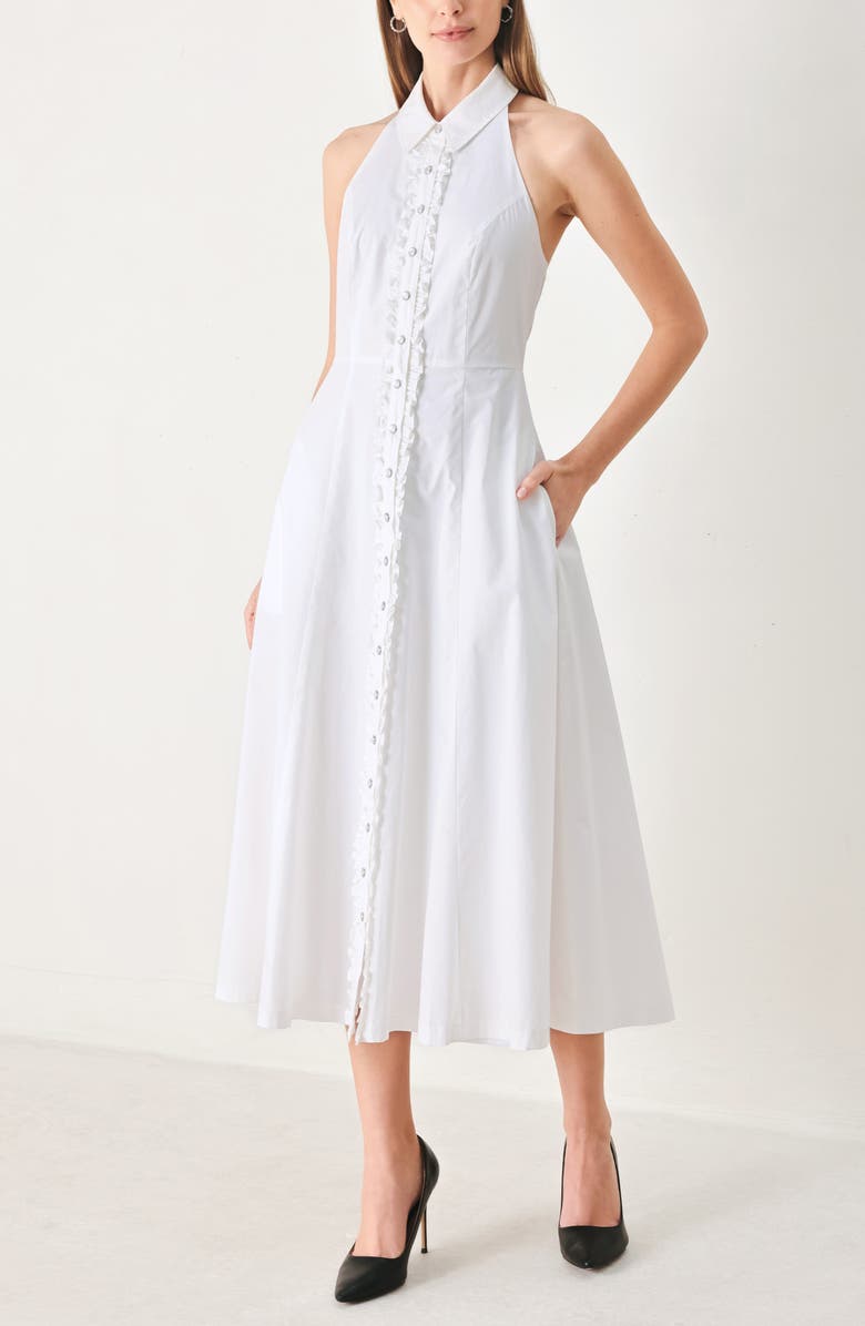 FREEMARKET Ruffle Trim Halter Neck Midi Shirtdress, Alternate, color, White