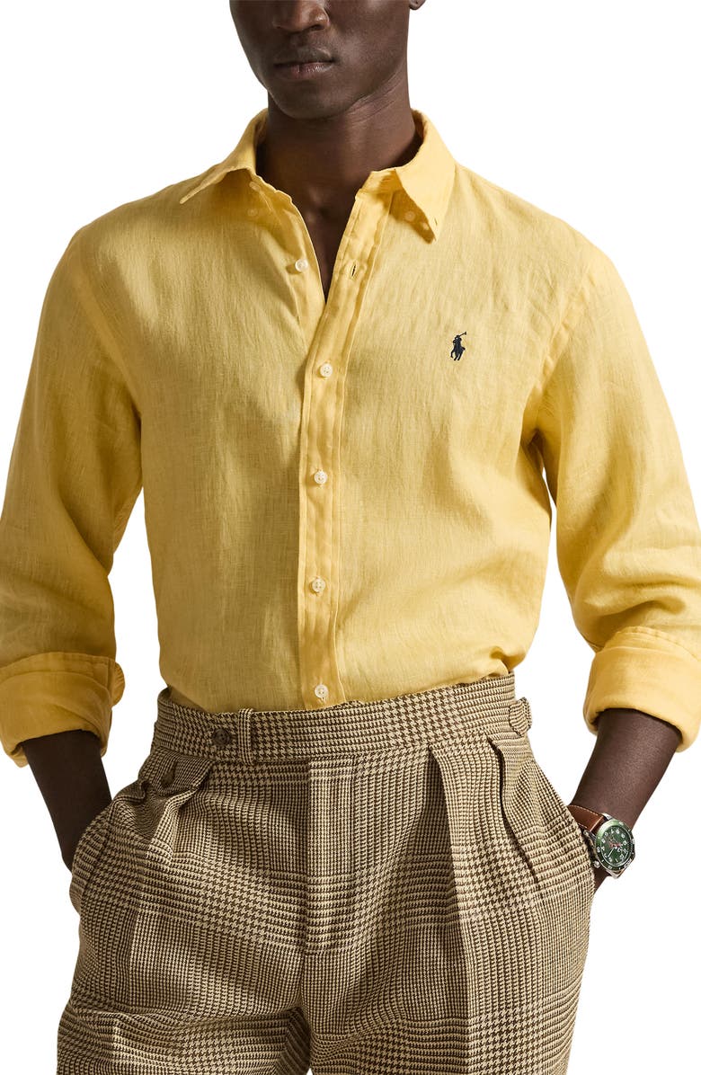 Polo Ralph Lauren Classic Fit Linen Button-Down Shirt, Main, color, Corn Yellow