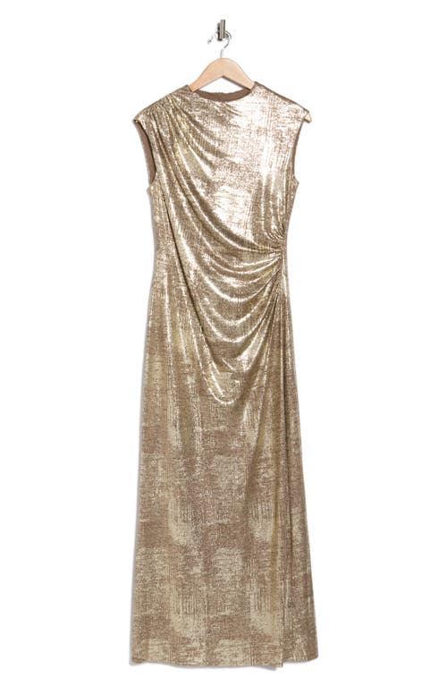 Connected Apparel Foil Jersey Draped Midi Dress In Brown