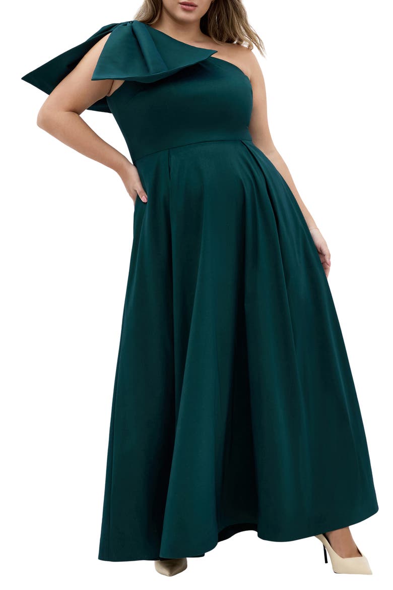 Captivate Bow One-Shoulder A-Line Gown, Main, color, DEEP TEAL