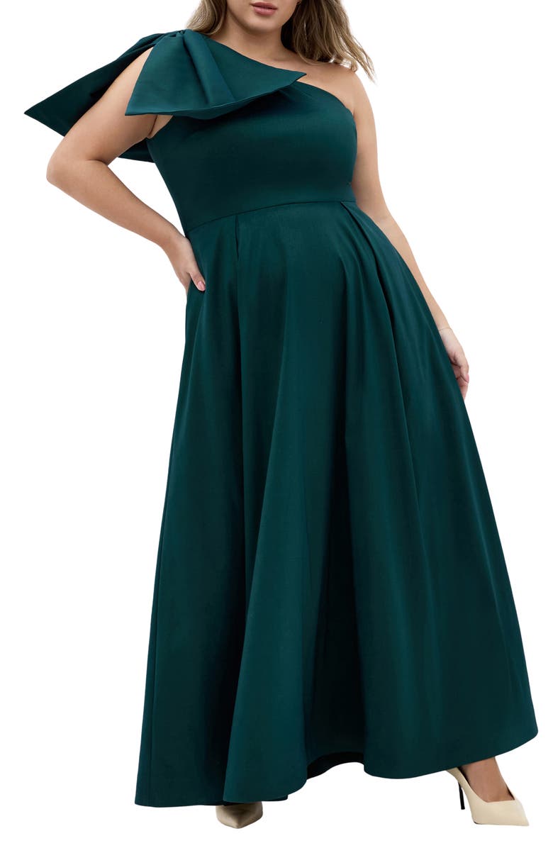 City Chic Captivate Bow One-Shoulder A-Line Gown, Main, color, Deep Teal