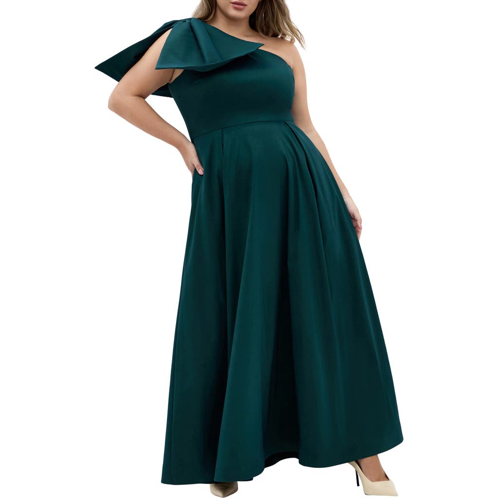 City Chic Captivate Bow One-shoulder A-line Gown In Blue