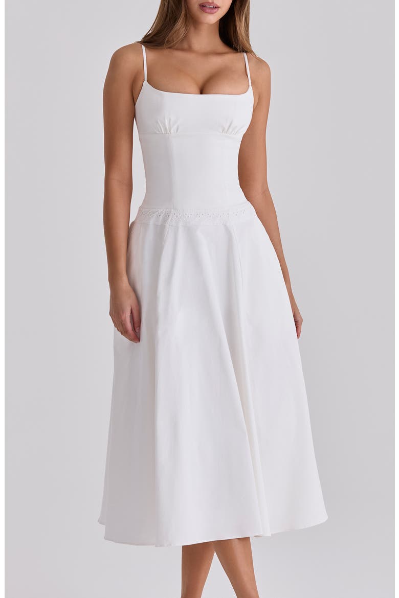 Liora Eyelet Trim Cotton Midi Dress, Alternate, color, WHITE