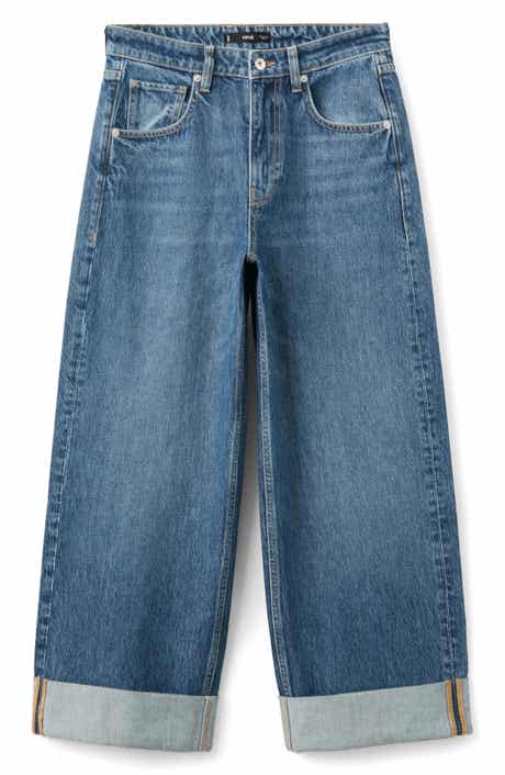 Cuffed Mid Rise Wide Leg Jeans