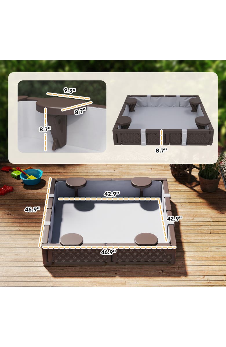 Qaba Kids Sandbox with Cover, 4 Seats & Bottom Liner, Alternate, color, Brown