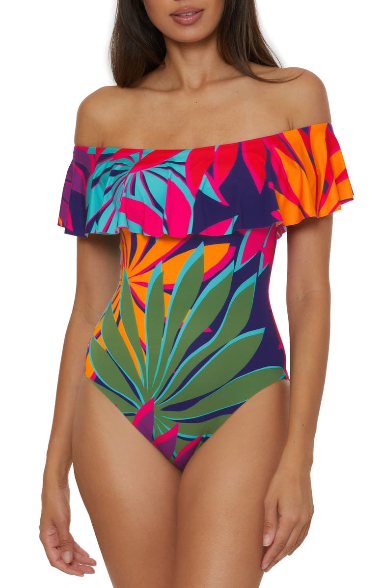 Trina Turk Wailea Ruffle Off the Shoulder One-Piece Swimsuit, Main, color, Navy Multi