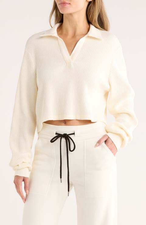 Knit Crop Long Sleeve Polo Top