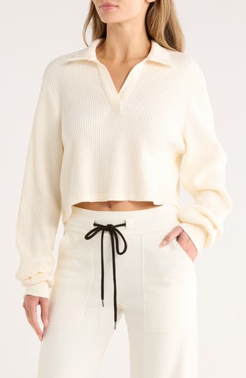 The Range Knit Crop Long Sleeve Polo Top In Neutral