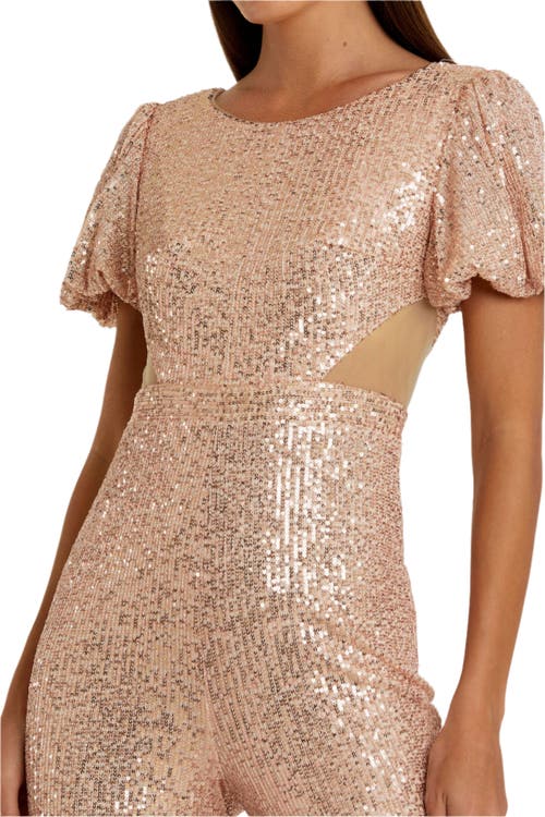 Mac Duggal Sequined Puff Shoulder Illusion Cut Out Jumpsuit In Blush