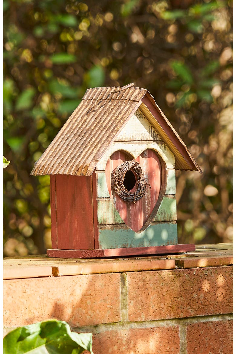 8.75"H Distressed Solid Wood Birdhouse with Heart, Alternate, color, Red