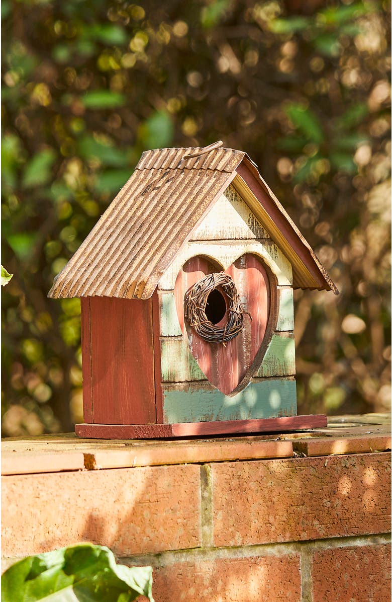 Glitzhome 8.75"H Distressed Solid Wood Birdhouse with Heart, Alternate, color, Red