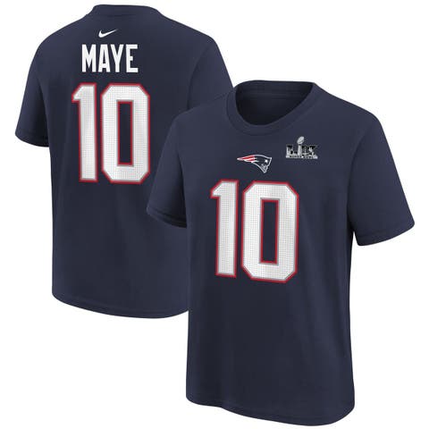 Youth Nike Drake Maye Navy New England Patriots Super Bowl LX Patch Name & Number T-Shirt
