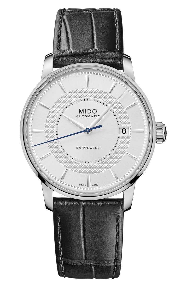 MIDO Baroncelli Signature Automatic Croc Embossed Leather Strap Watch, 39mm, Main, color,