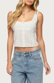 EDIKTED Lace Inset Crop Cotton Button-Up Shirt