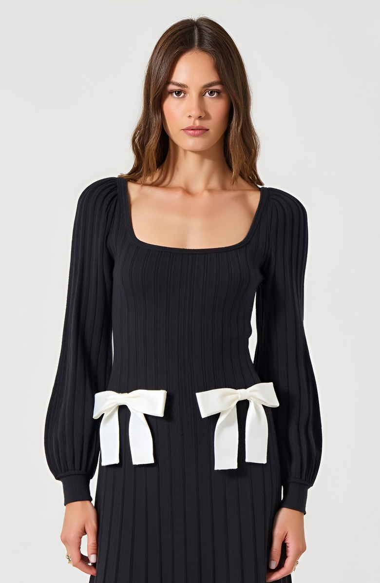 Modenaire Front Bow Detail Square Neck Puff Sleeve Maxi Sweater Dress, Alternate, color, Black