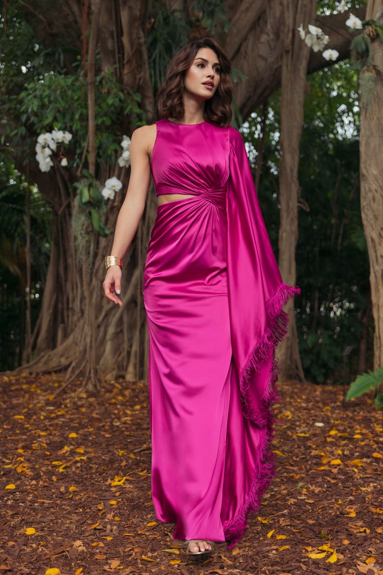 Women's Charmeuse Kaftan Sleeve Assymetrical Fringe Gown, Alternate, color, Magenta