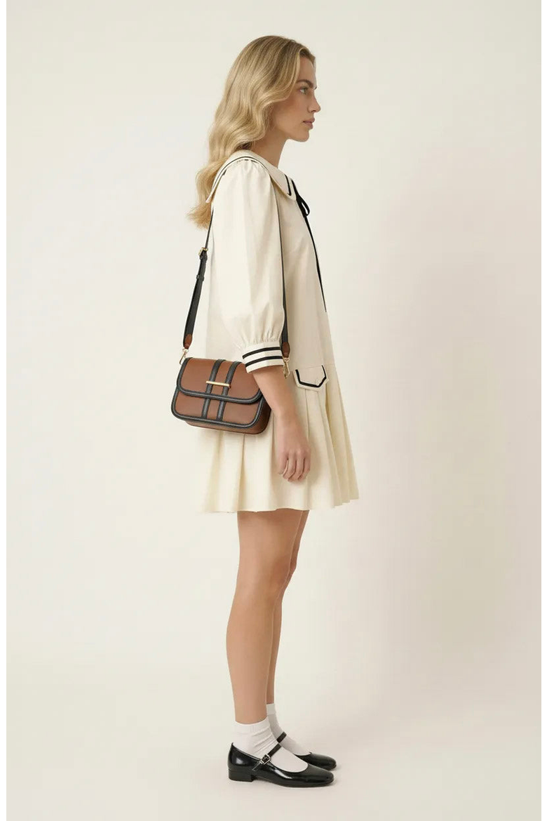 Long-Sleeve Pleated Mini Dress, Alternate, color, Off-white / Black