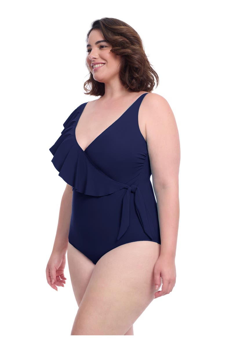Tutti Frutti Plus Size Ruffle Surplice One Piece, Alternate, color, Navy