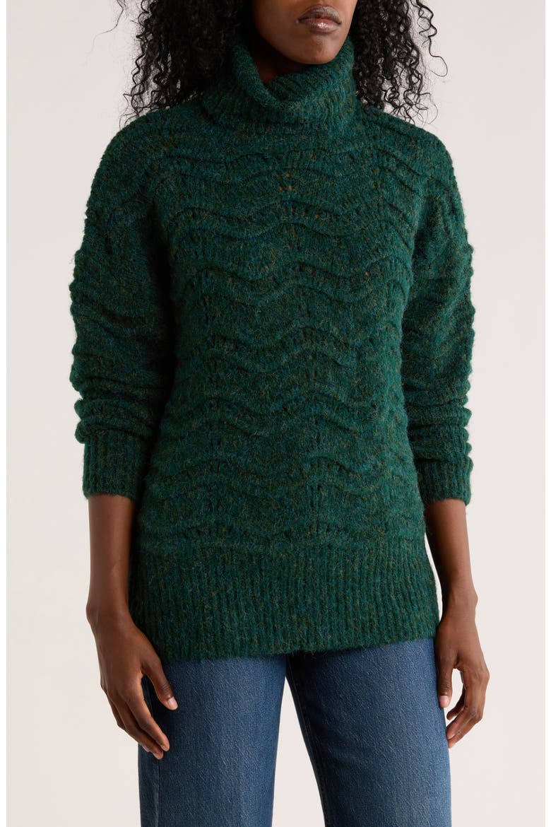 Ziggy Wavy Cable Knit Turtleneck Sweater, Main, color, EMERALD