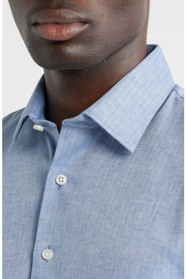Trim Fit Premium Linen Blend Herringbone Dress Shirt, Alternate, color, BLUE CHAMBRAY HERRINGBONE