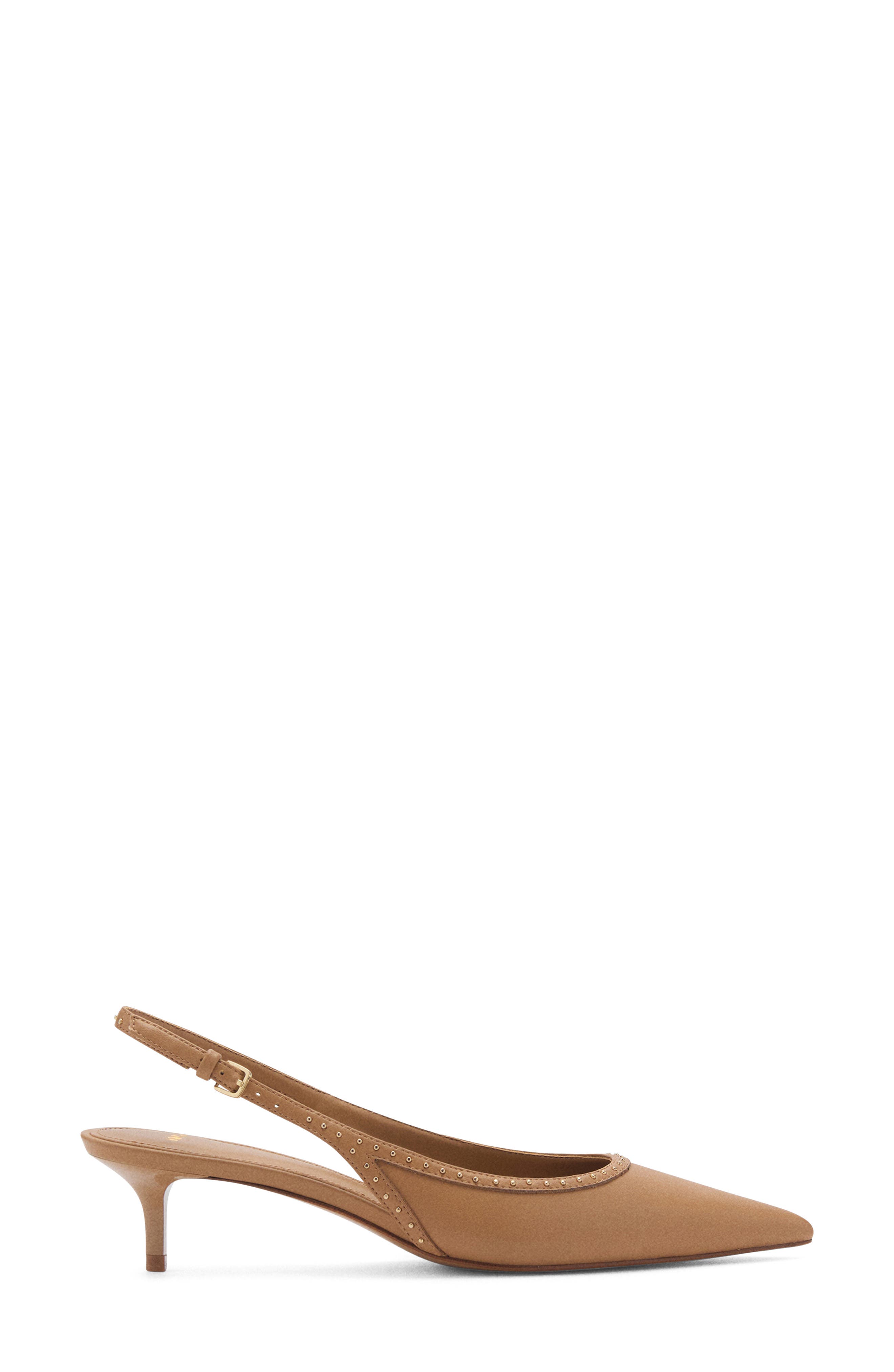 MANGO Stud Pointed Toe Kitten Heel Slingback Pump, Alternate, color, Medium Brown