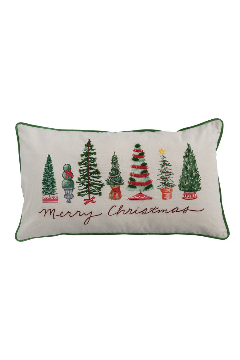 Printed Lumbar Pillow with Piping, Embroidery, and Trees "Merry Christmas", Main, color, Multicolor