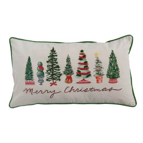 Printed Lumbar Pillow with Piping, Embroidery, and Trees "Merry Christmas"
