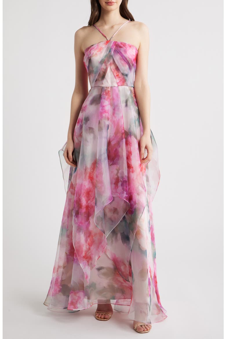 Floral Print Strap Ballgown, Main, color, ROSE