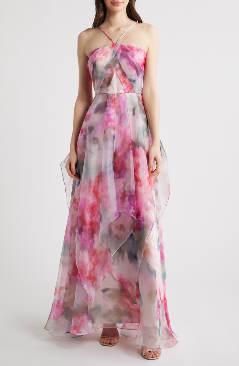 Eliza J Floral Print Strap Ballgown, Main, color, Rose